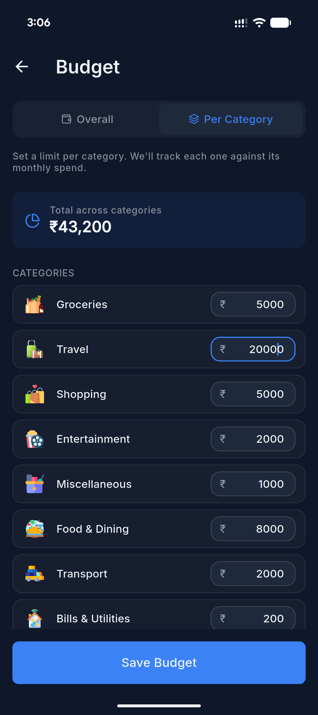 Budget screen with per-category monthly limits