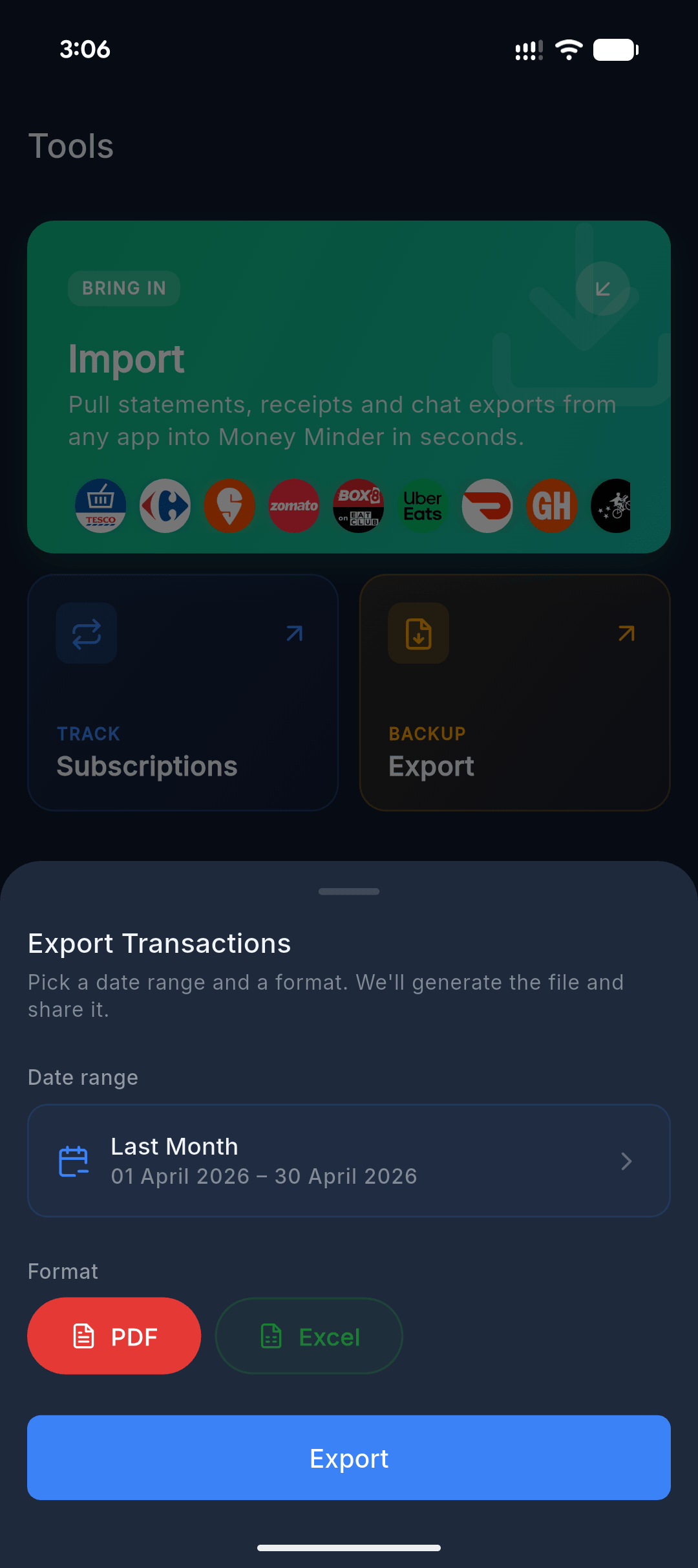 Tools screen with Export sheet showing PDF and Excel format options