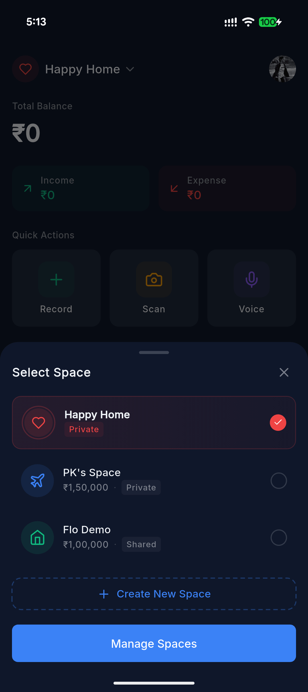Select Space sheet with private and shared Spaces