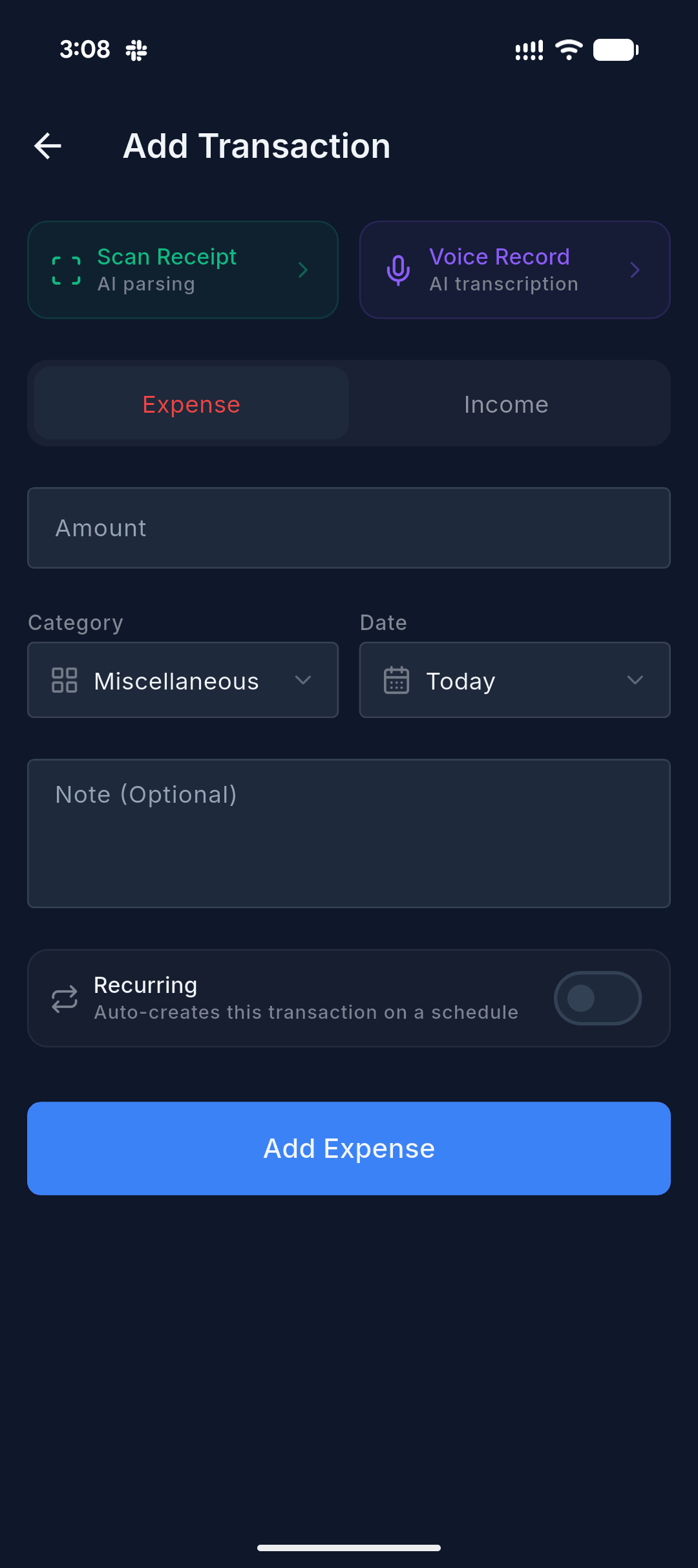 Add transaction screen with Scan Receipt and Voice Record options