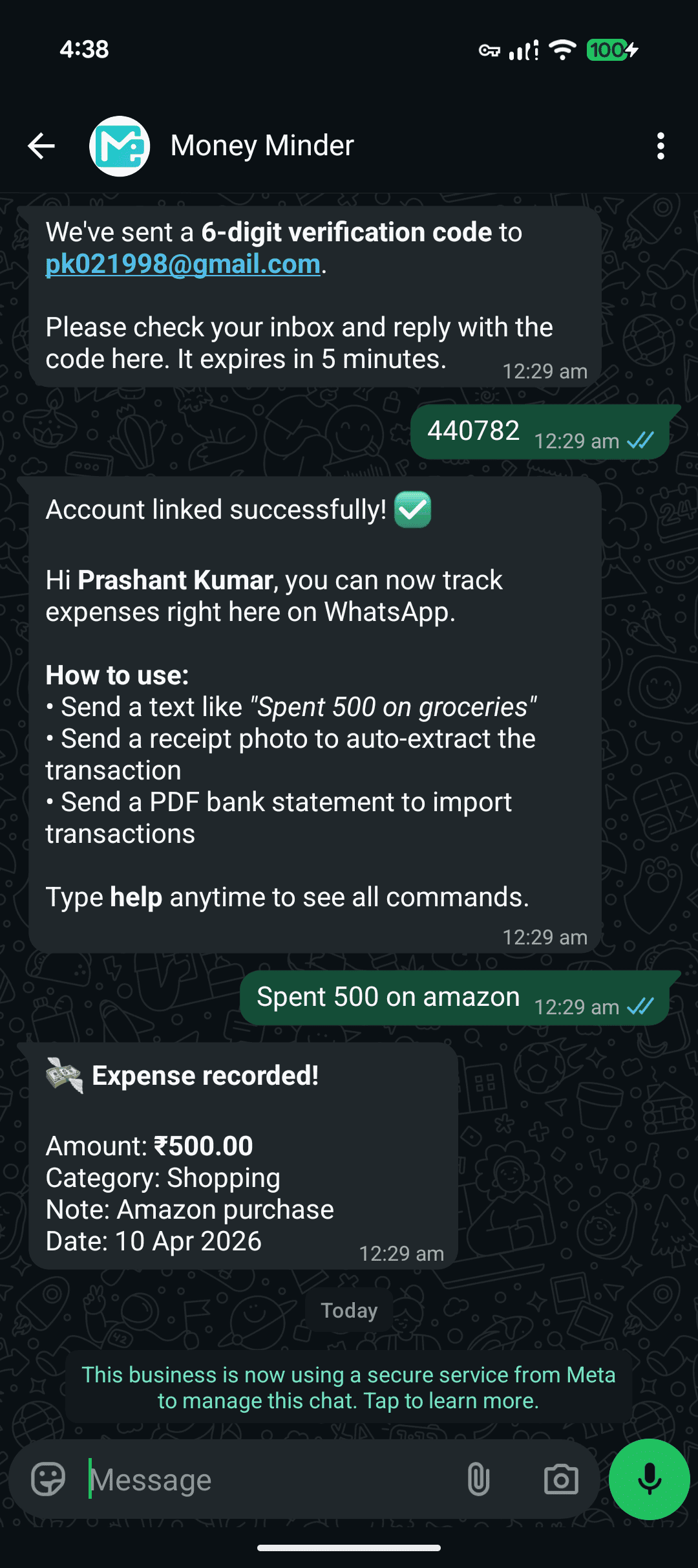 WhatsApp chat showing a logged expense confirmation from MoneyMinder