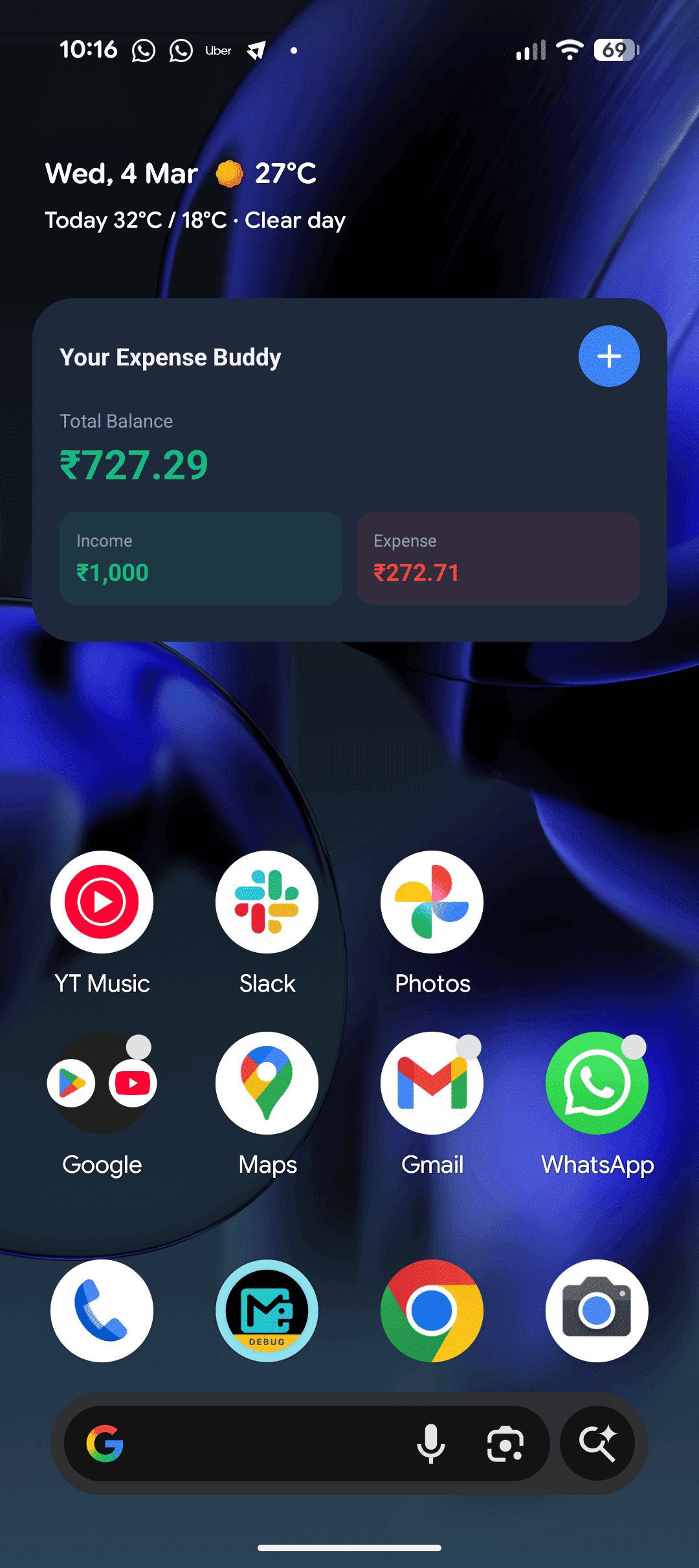 Phone home screen with MoneyMinder widget showing balance, income and expense